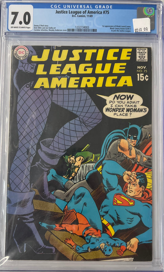 Justice League of America #75, CGC 7.0, 1st app of Dinah Laurel Lance