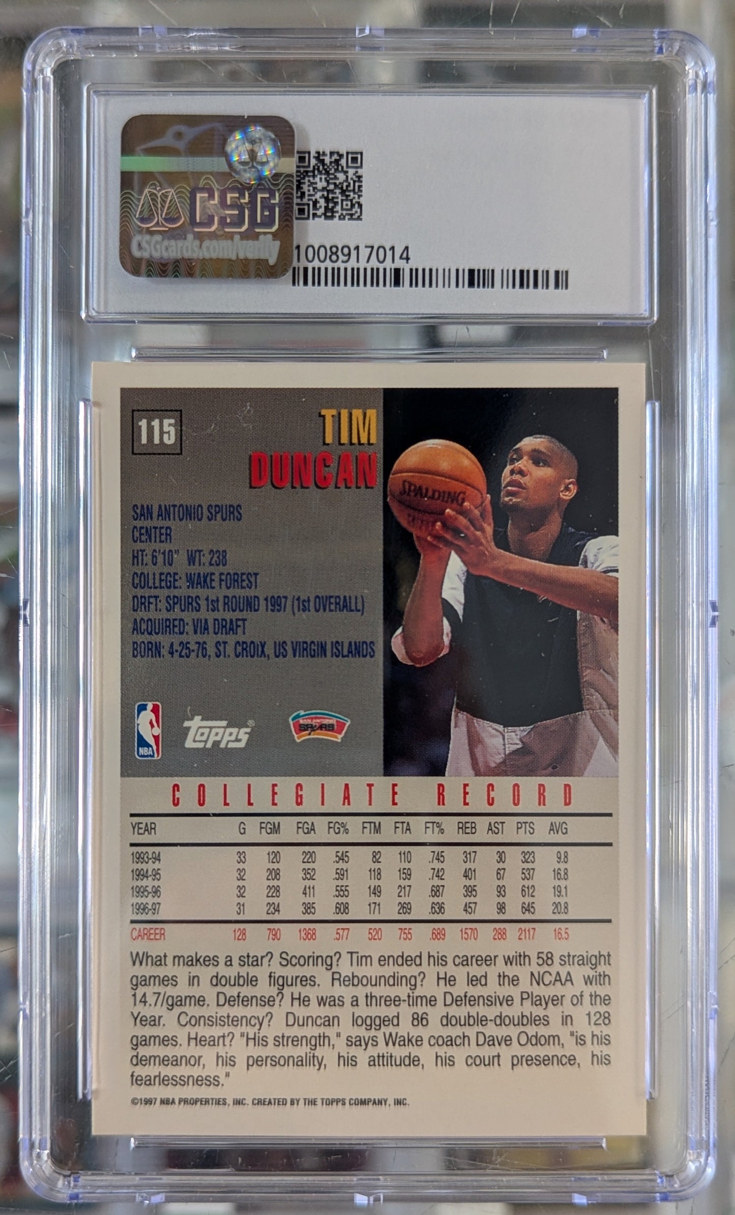 1997-98 Topps Tim Duncan Rookie Card CSG 9.5